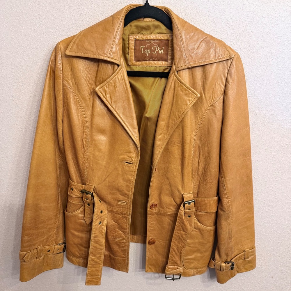 Women's Tan Leather Jacket with Belted Waist